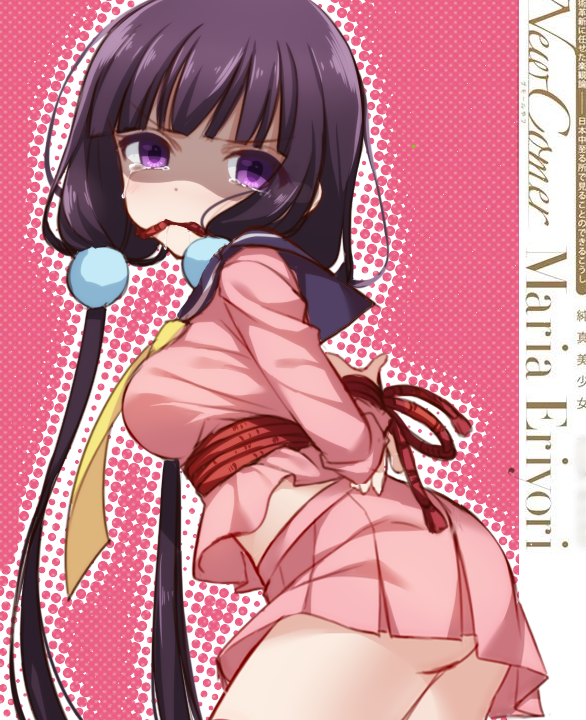 1girl angry arms_behind_back ass bdsm black_sailor_collar blend_s blunt_bangs bondage bound bound_wrists breasts cariboy chinese_commentary commentary_request cowboy_shot crying crying_with_eyes_open english_commentary from_side gag hair_bobbles hair_ornament long_hair long_sleeves looking_at_viewer low_twintails medium_breasts miniskirt pink_background pink_skirt pleated_skirt polka_dot polka_dot_background sailor_collar sakuranomiya_maika school_uniform serafuku shaded_face shibari simple_background skirt solo standing straight_hair streaming_tears tears twintails v-shaped_eyebrows very_long_hair yellow_nails