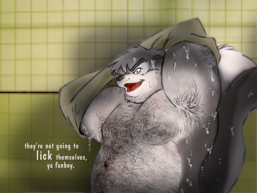 armpit_hair belly belly_hair big_belly body_hair chest_hair clothed clothing english_text looking_at_viewer male mammal mephitid nipples overweight skunk solo tail text tile topless unknown_artist wet