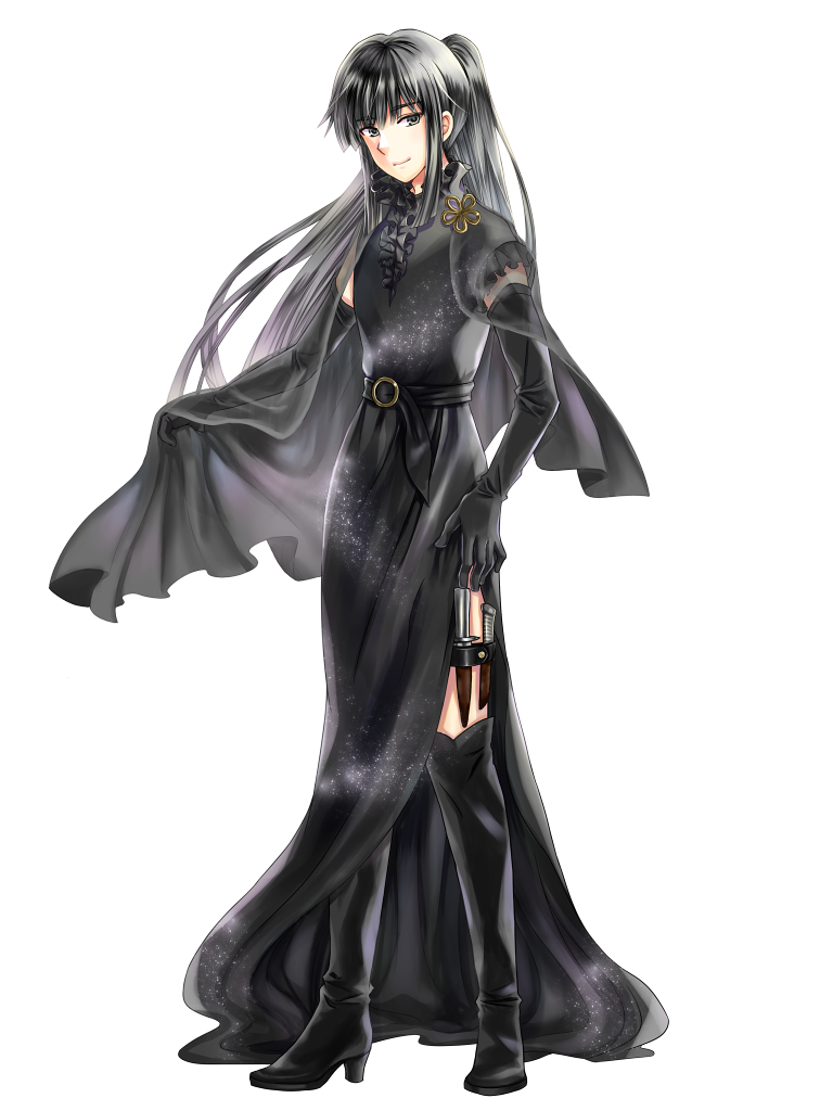 1girl black_cape black_dress black_eyes black_footwear black_gloves black_hair boots cape chain_paradox derection-mmm dress elbow_gloves full_body gloves knee_boots knife light_smile long_hair looking_at_viewer shiromizu_hotaru solo standing thigh_strap transparent_background