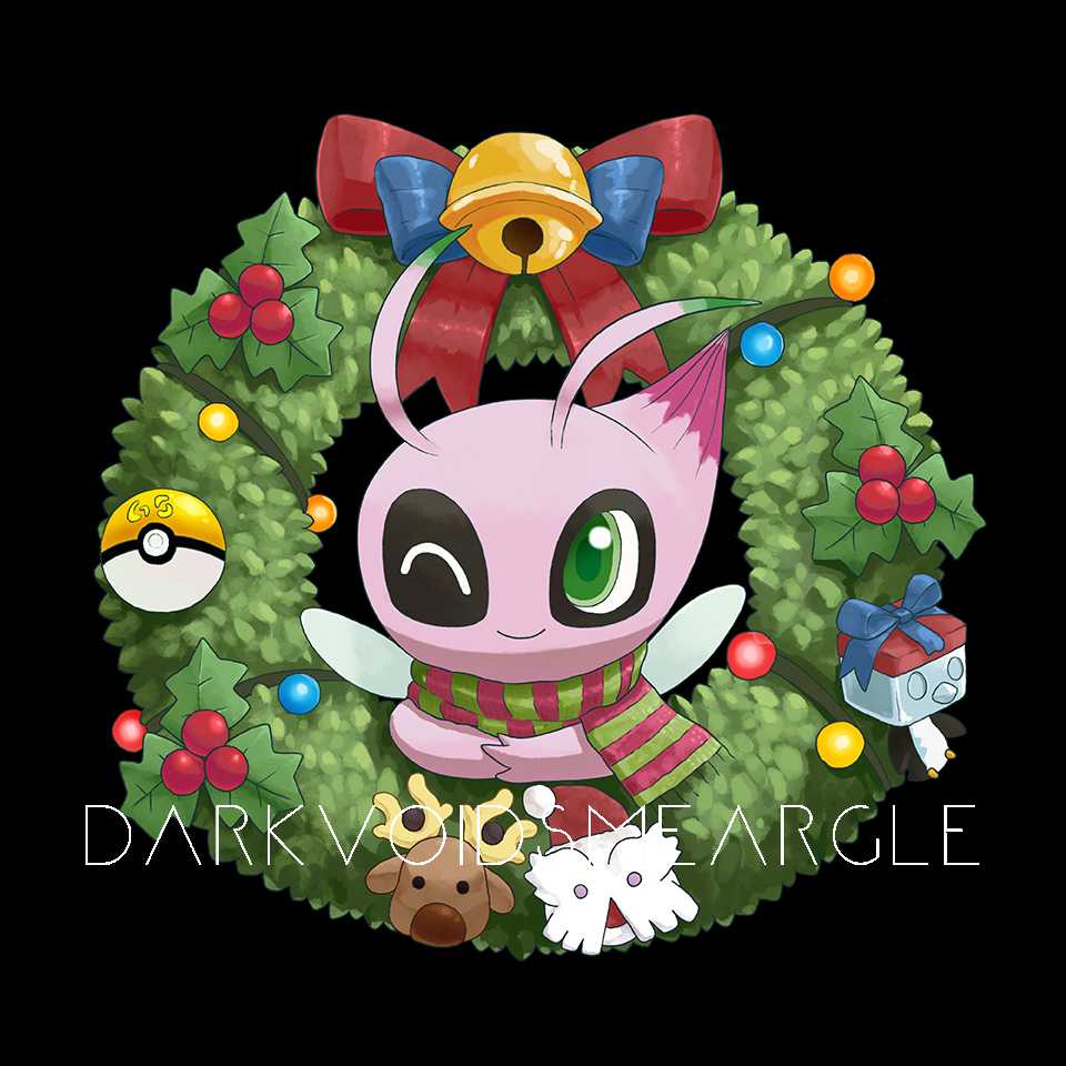 ;) abomasnow alternate_color artist_name bell black_background bow celebi closed_mouth commentary darkvoiddoble eiscue eiscue_(ice) green_eyes gs_ball looking_up no_humans one_eye_closed poke_ball pokemon pokemon_(creature) shiny_pokemon smile stantler watermark wreath