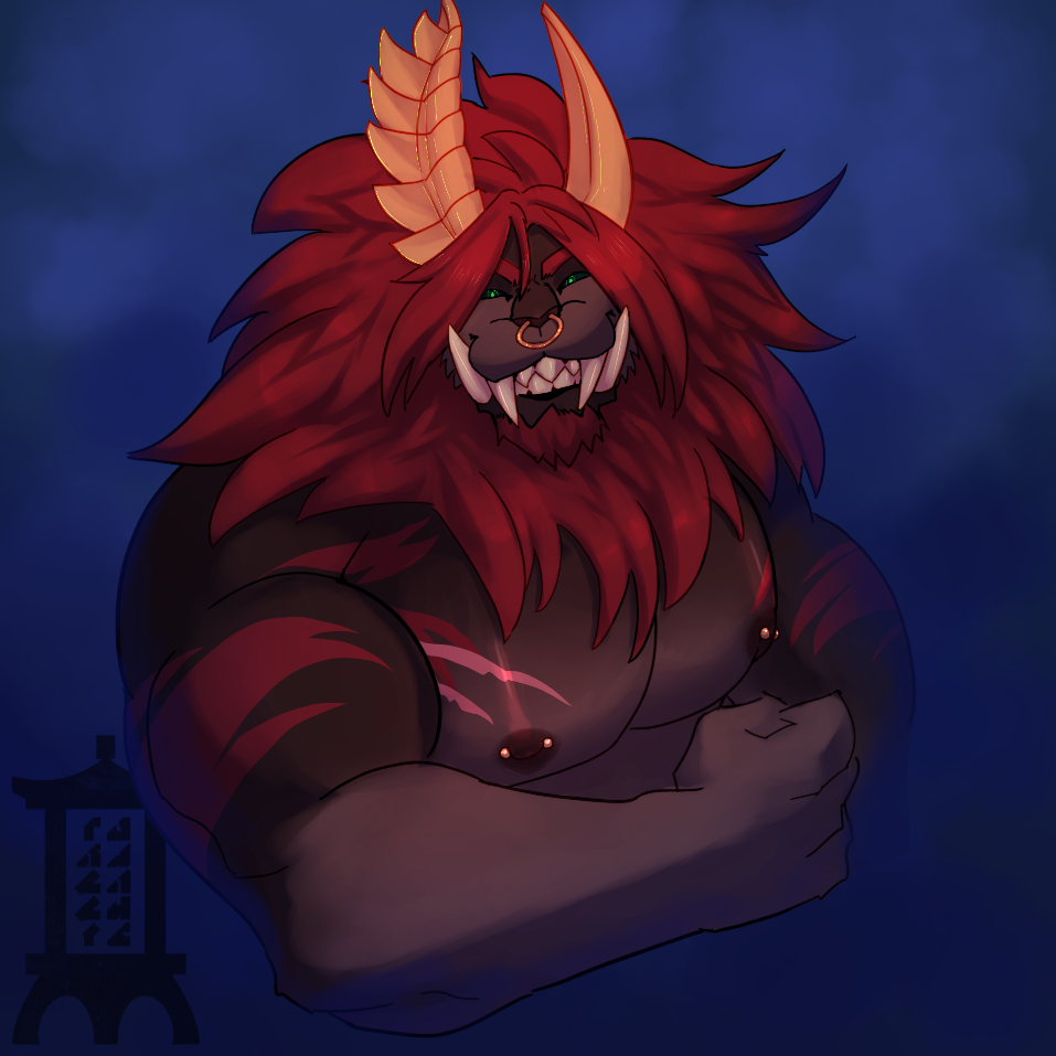 anthro big_muscles facial_piercing flexing_bicep fur lynel male mane muscular muscular_male nintendo nipple_piercing nipples nose_piercing nose_ring pecs piercing red_body red_fur ring_piercing scar sharp_teeth solo tali-draws tears_of_the_kingdom teeth the_legend_of_zelda tusks