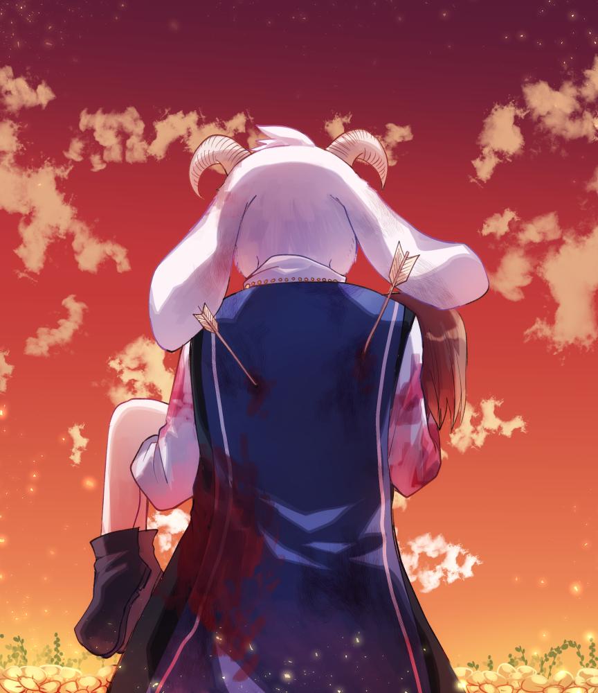 1boy 1other arrow_in_body asriel_dreemurr blood blue_shirt brown_hair chara_(undertale) cloud cloudy_sky from_behind goat_boy horns long_sleeves orange_sky outdoors shirt sky spoilers undertale white_sleeves xox_xxxxxx