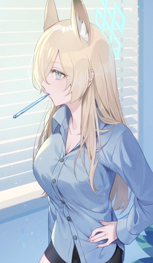 1girl animal_ear_fluff animal_ears aqua_eyes blonde_hair blue_archive blue_shirt breasts buttons cleavage collared_shirt hair_over_one_eye halo hand_on_own_hip kanna_(blue_archive) large_breasts long_hair long_sleeves mouth_hold shirt solo toothbrush toothbrush_in_mouth window yuura