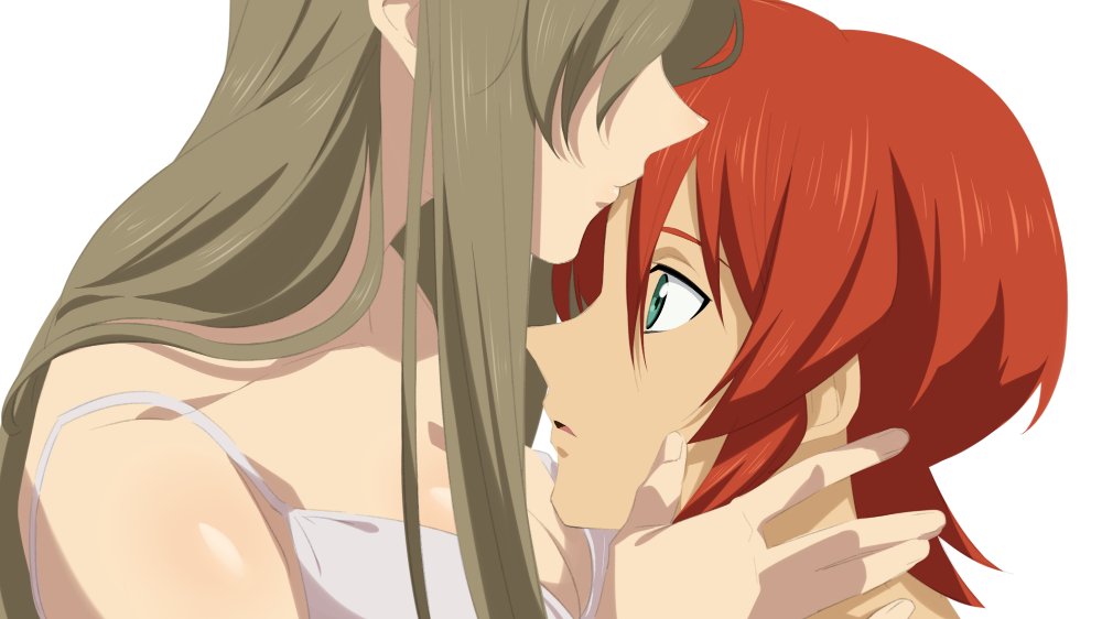 1boy 1girl bare_shoulders breasts brown_hair cleavage couple dress from_side green_eyes hair_behind_ear hair_between_eyes hair_over_one_eye hand_on_another's_face kiss kissing_forehead large_breasts long_hair luke_fon_fabre nightgown official_alternate_hair_length official_alternate_hairstyle parted_lips pochi-a profile red_hair short_hair sidelocks spaghetti_strap tales_of_(series) tales_of_the_abyss tear_grants upper_body white_background white_dress