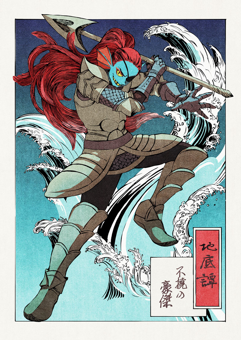 1girl armor black_pants blue_skin colored_sclera colored_skin eyepatch fins fish_girl gauntlets head_fins holding holding_polearm holding_weapon long_hair metal_boots pants polearm red_hair sharp_teeth slit_pupils solo spear tami_yagi teeth translation_request undertale undyne very_long_hair waves weapon yellow_sclera