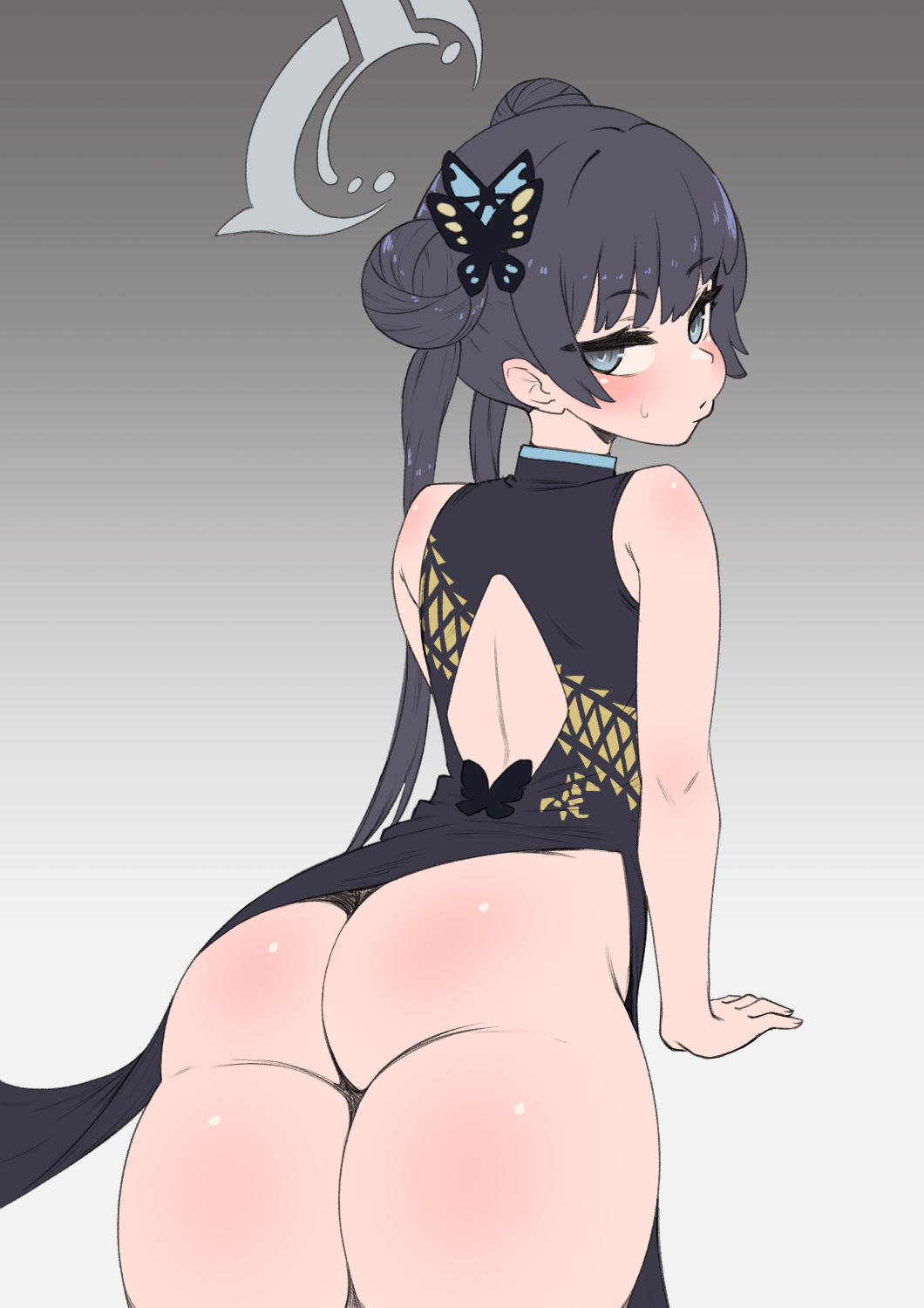 1girl ass back_cutout bare_shoulders black_dress black_hair blue_archive blue_eyes blush butterfly_hair_ornament china_dress chinese_clothes clothing_cutout cowboy_shot double_bun dress gradient_background hair_bun hair_ornament halo highres kisaki_(blue_archive) long_hair looking_at_viewer looking_back no_panties solo sweat thighs twintails whomperfruit