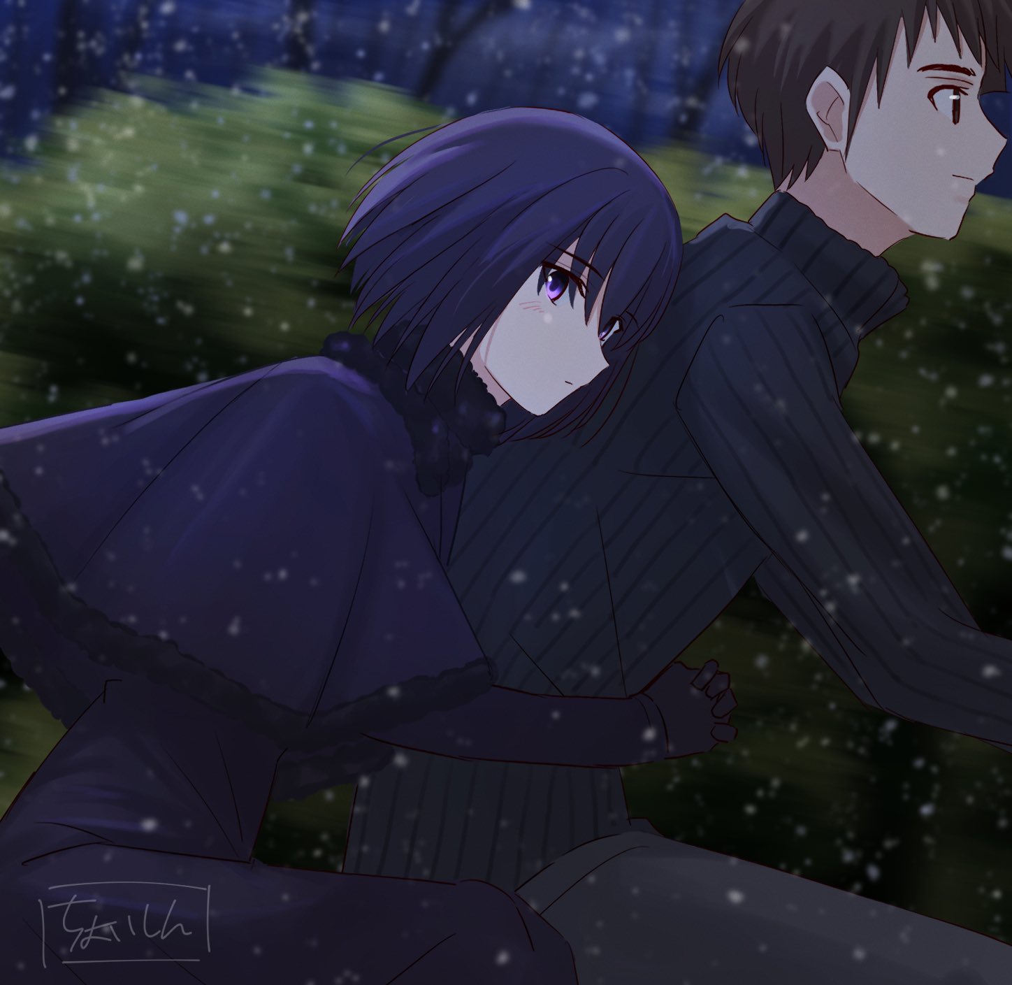 1boy 1girl bicycle black_capelet black_dress black_gloves black_hair black_sweater blush brown_eyes brown_hair capelet closed_mouth commentary_request dress from_side fur-trimmed_capelet fur_collar fur_trim gloves highres hug hug_from_behind kuonji_alice long_sleeves mahou_tsukai_no_yoru profile purple_eyes ribbed_sweater riding riding_bicycle shintyoi2 shizuki_soujuurou short_hair sitting snow snowing sweater turtleneck turtleneck_sweater