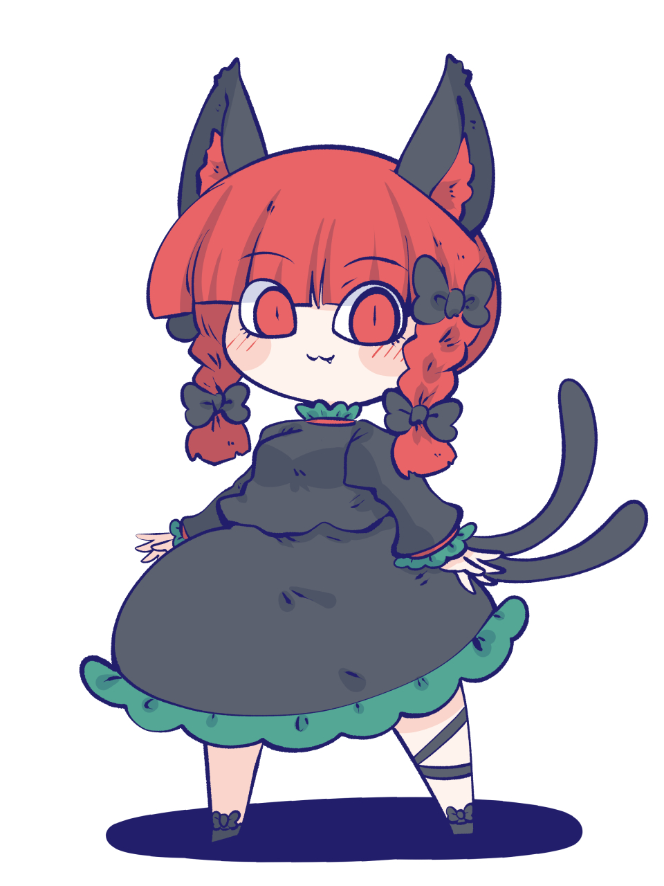 1girl :3 animal_ears ankle_ribbon black_bow black_footwear black_ribbon black_shirt black_skirt blunt_bangs blush bow cat_ears cat_girl cat_tail chahan_(fried_rice0614) chibi collar commentary fang footwear_bow frilled_collar frilled_skirt frills full_body hair_bow highres kaenbyou_rin leg_ribbon long_sleeves looking_at_viewer multiple_tails neck_ribbon puffy_sleeves red_eyes red_hair red_ribbon ribbon ribbon-trimmed_sleeves ribbon_trim shadow shirt short_hair simple_background skirt skirt_set solo spread_fingers standing tail touhou twintails two_tails white_background