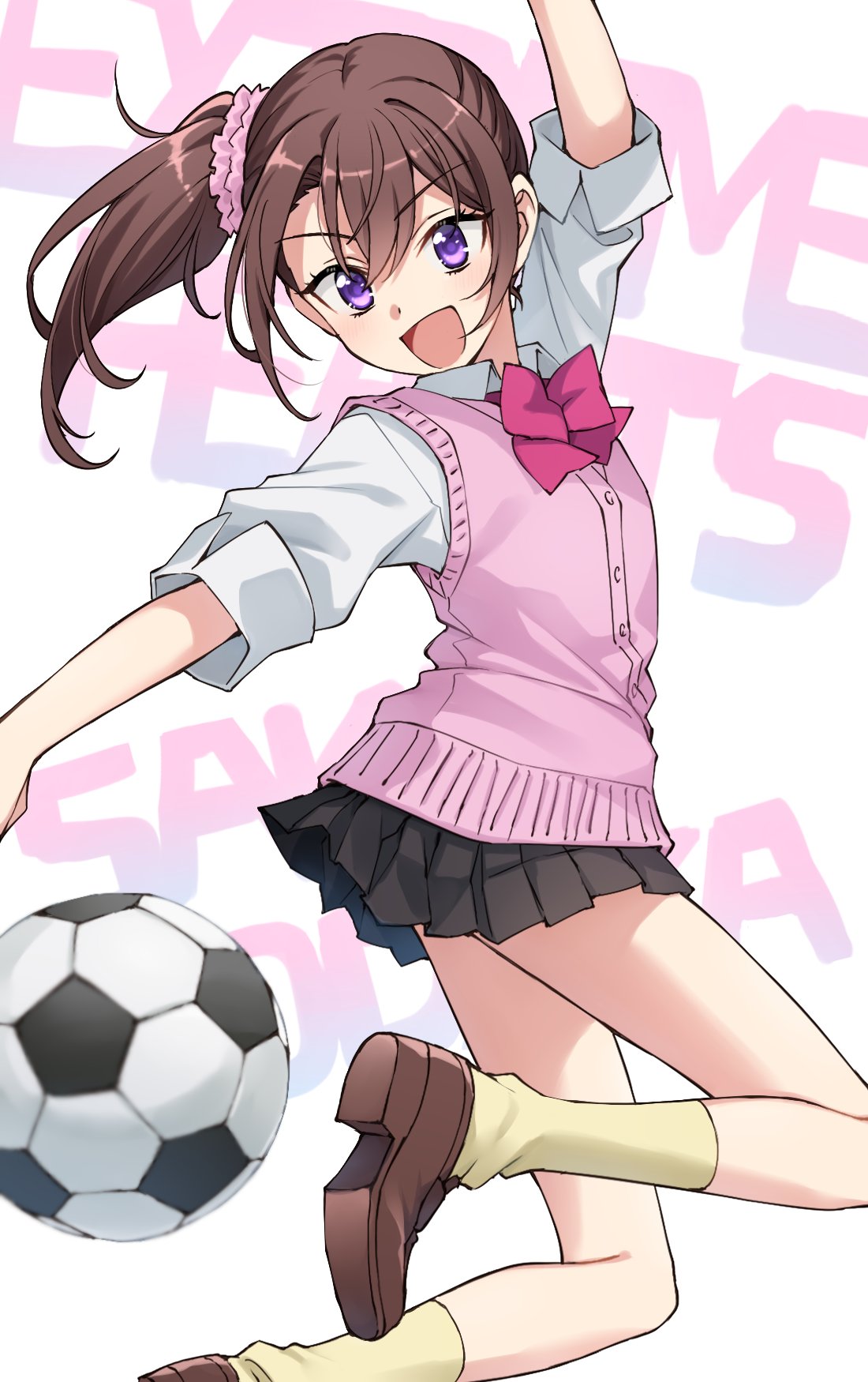 1girl arm_up background_text ball black_skirt bow bowtie brown_footwear brown_hair commentary extreme_hearts hair_between_eyes hair_ornament hair_scrunchie highres jumping kodaka_saki legs long_hair long_sleeves looking_at_viewer miniskirt open_mouth outstretched_arm pink_bow pink_bowtie pink_scrunchie pink_vest pleated_skirt purple_eyes scrunchie shirt shoes side_ponytail sidelocks skirt smile soccer_ball socks solo somechime_(sometime1209) thighs v-shaped_eyebrows vest white_background white_shirt wing_collar yellow_socks