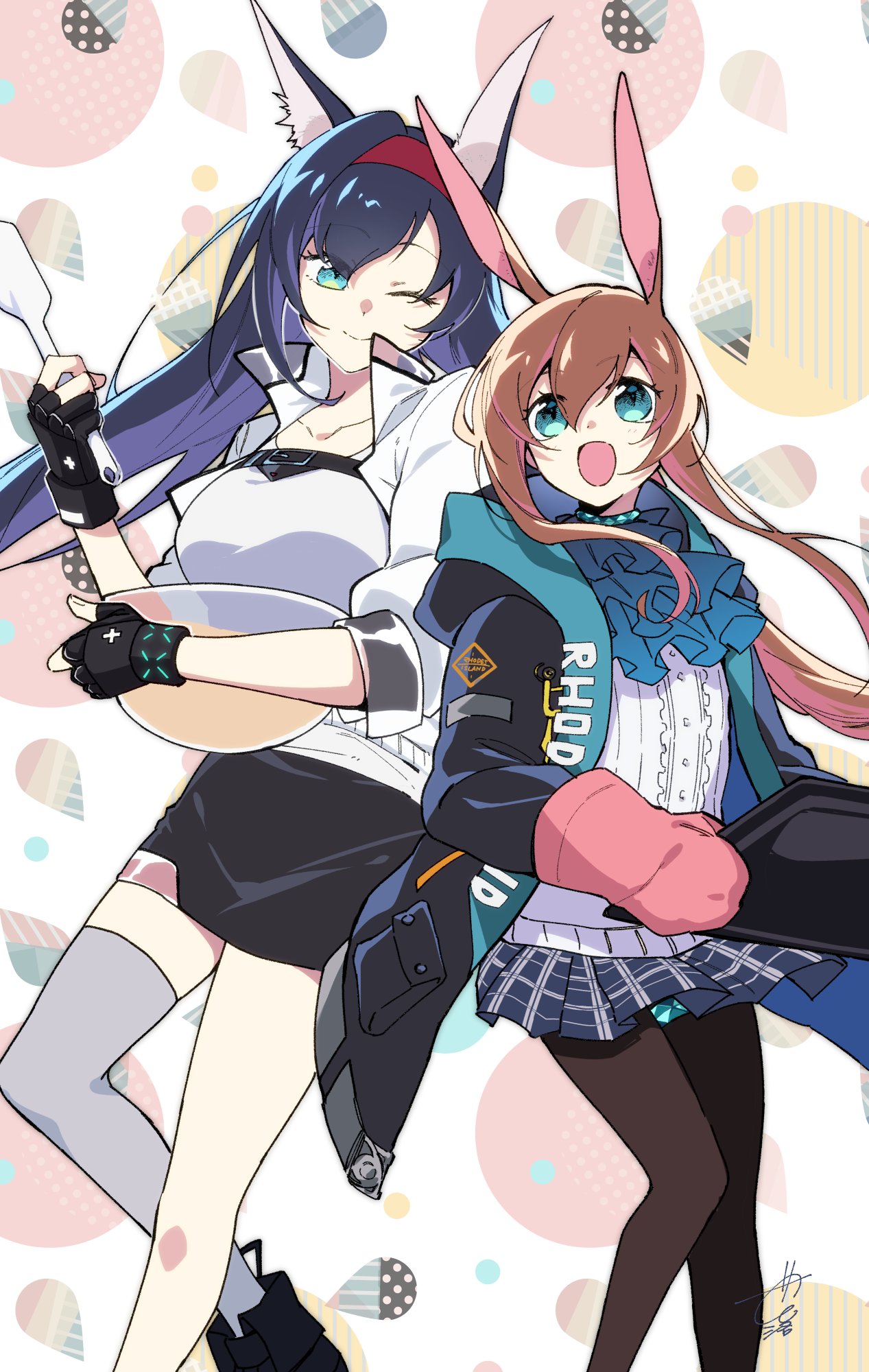 2girls :o amiya_(arknights) animal_ears arknights ascot baking_sheet black_footwear black_gloves black_pantyhose black_skirt blaze_(arknights) blue_ascot blue_coat blue_hair blue_skirt bowl breasts brown_hair cat_ears cat_girl center_frills closed_mouth coat commentary english_commentary feet_out_of_frame fingerless_gloves frills gloves green_eyes grey_thighhighs highres holding holding_bowl holding_spatula jacket large_breasts long_hair looking_at_another multiple_girls one_eye_closed open_mouth otinksan oven_mitts pantyhose patterned_background plaid plaid_skirt polka_dot polka_dot_background rabbit_ears shirt shoulder-to-shoulder sidelocks signature single_thighhigh skirt spatula thighhighs white_jacket white_shirt