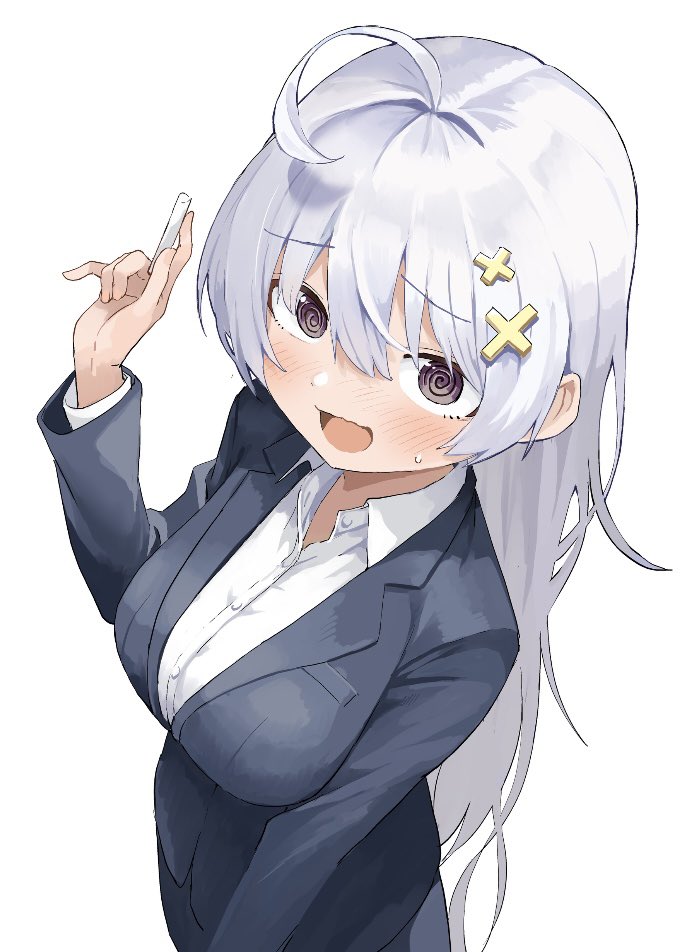 1girl @_@ ahoge aliasing blush chalk collared_shirt formal from_above hair_between_eyes hiyori_uwamura holding holding_chalk long_hair long_sleeves looking_at_viewer nervous_smile open_mouth purple_eyes second-party_source shirt simple_background smile solo suit sweatdrop teacher white_background white_hair white_shirt yamamoto_souichirou yowa_yowa_sensei