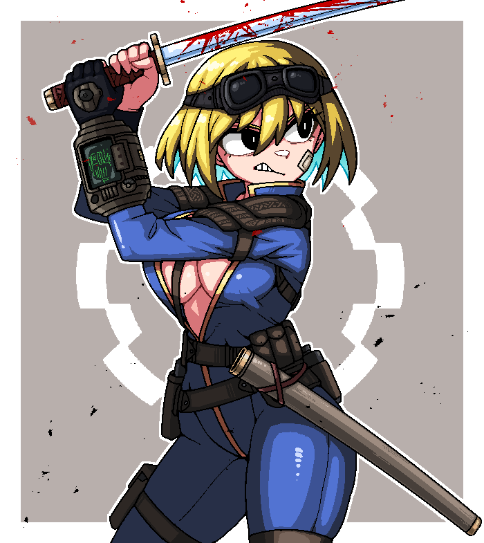 1girl black_eyes blonde_hair blood blood_on_weapon blue_bodysuit bodysuit breasts cleavage clenched_teeth english_commentary eyelashes fallout_(series) fallout_4 formicid goggles goggles_on_head holding holding_sword holding_weapon jaggy_lines large_breasts mole mole_on_breast pip_boy sheath short_hair simple_background solo sword teeth vault_suit weapon