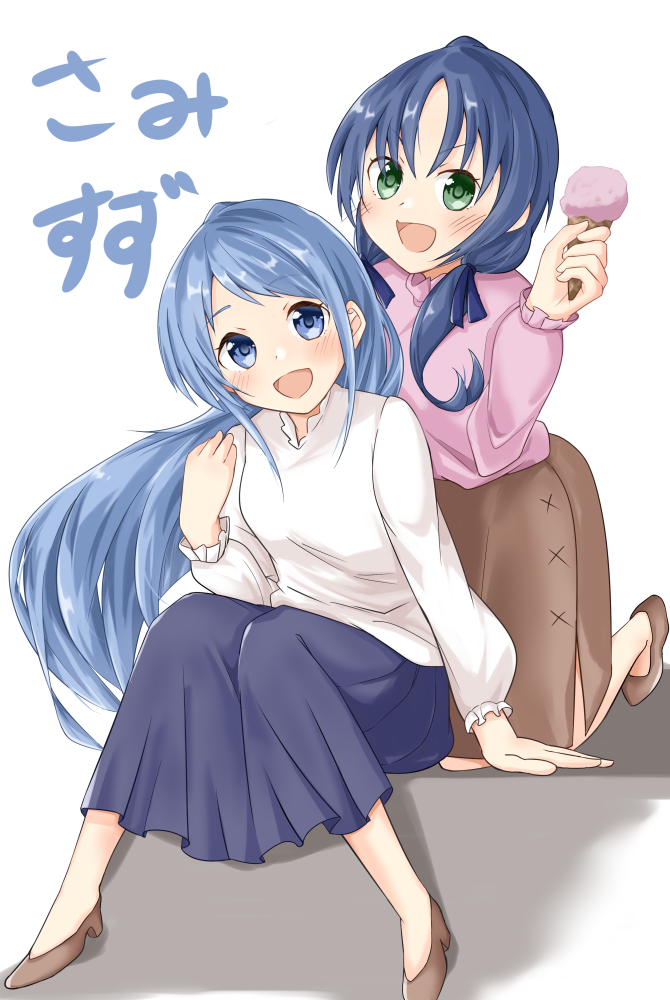 2girls blue_eyes blue_hair blue_skirt brown_skirt commentary_request food gradient_hair green_eyes hair_ribbon ice_cream kantai_collection kantai_collection_(anime) long_hair low_twintails makinoki multicolored_hair multiple_girls official_alternate_costume pink_shirt ribbon samidare_(kancolle) shirt sitting skirt suzukaze_(kancolle) swept_bangs twintails very_long_hair white_shirt