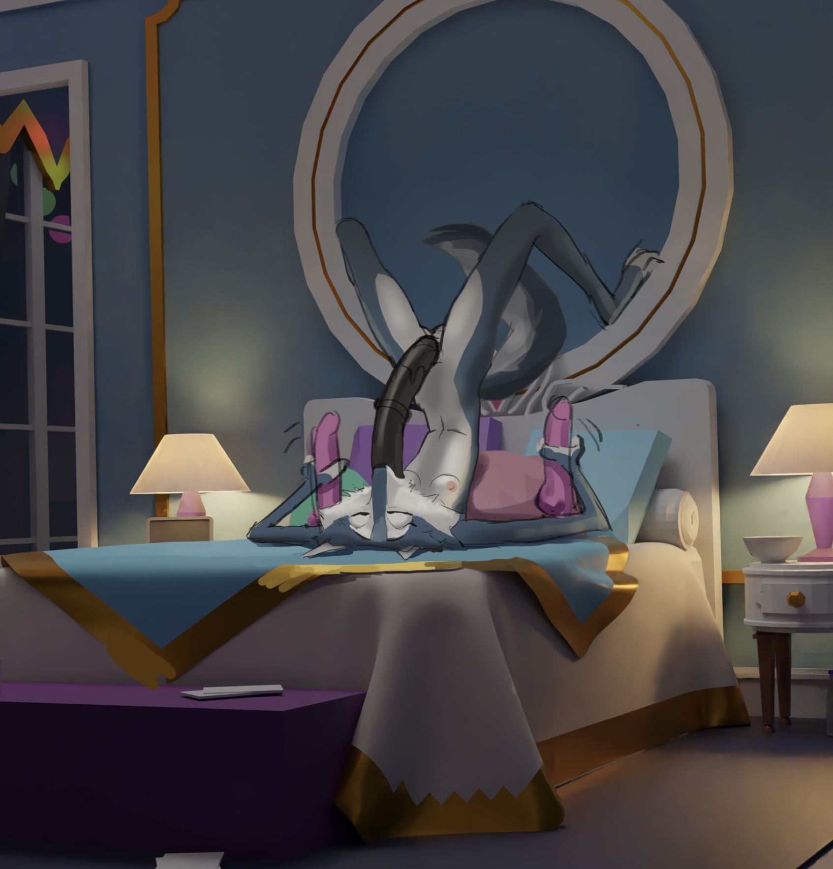 anthro bed bedroom canid canine canis cheek_tuft dildo dildo_fellatio dildo_in_pussy dildo_insertion double_dildo double_penetration eyes_closed facial_tuft female fur furniture grey_body grey_fur hi_res holding_dildo holding_object holding_sex_toy illumination_entertainment inside lamp lying mammal masturbation on_back on_bed penetration porsha_crystal sex_toy sex_toy_in_pussy sex_toy_insertion sing_(movie) skinny slim solo toying_self tuft upside_down vaginal vaginal_masturbation vaginal_penetration white_body white_fur wolf wolfinasuit