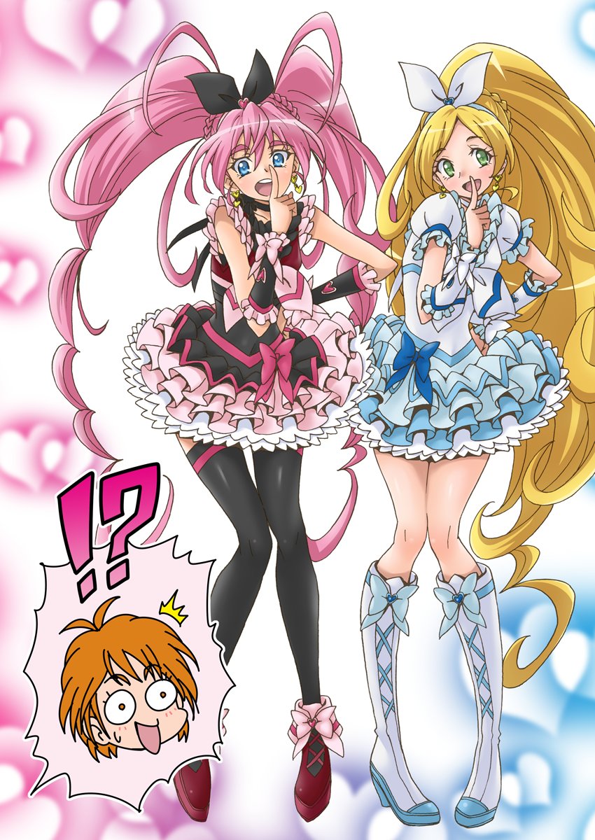 !? 3girls alternate_color black_choker blonde_hair blue_eyes blush boots choker commentary_request cosplay cure_black cure_black_(cosplay) cure_melody cure_rhythm cure_white cure_white_(cosplay) dress eunos eyelashes frilled_dress frilled_skirt frills futari_wa_precure green_eyes hand_on_own_hip happy highres houjou_hibiki long_hair looking_at_viewer magical_girl minamino_kanade misumi_nagisa multiple_girls open_mouth pantyhose pink_hair precure skirt smile speech_bubble standing suite_precure twintails two_side_up white_choker white_footwear