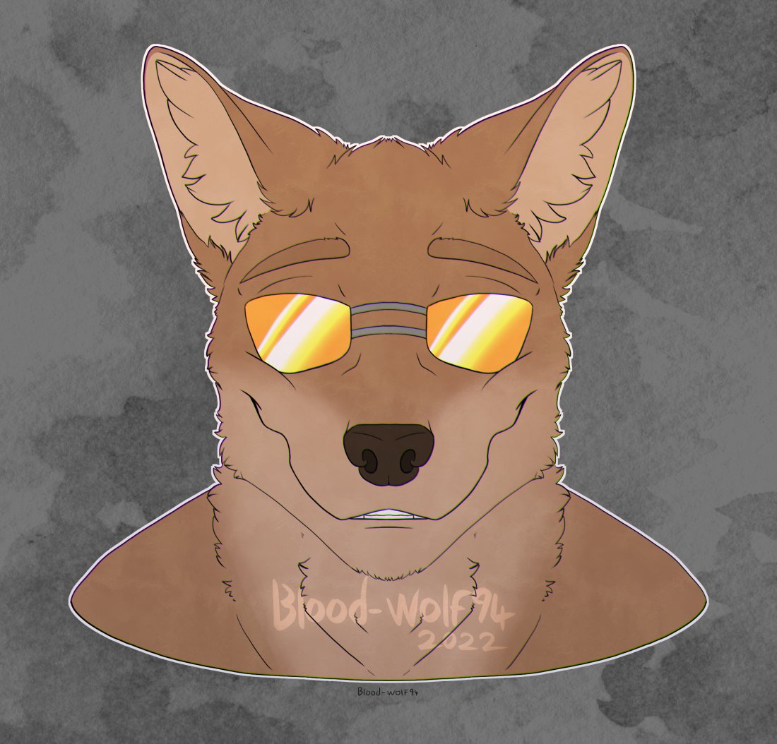 2022 anthro black_nose blood-wolf94 brown_body brown_fur brown_tuft camo camo_background canid canine canis colored countershade_face countershading coyote dated digital_media_(artwork) eyebrows eyewear front_view fur glistening glistening_eyewear glistening_sunglasses headshot_portrait inner_ear_fluff male mammal orange_eyewear orange_sunglasses orthographic_projection outline portrait scp-2547-1 scp_foundation signature smile solo sunglasses tuft watermark white_outline