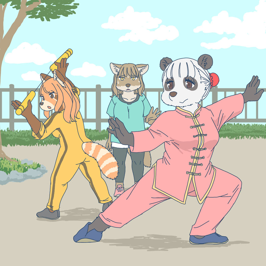 ailurid anthro bear canid canine clothed clothing ekaki510 female footwear fox giant_panda group kemono kung_fu mammal melee_weapon nunchaku red_panda shoes tibetan_sand_fox trio weapon