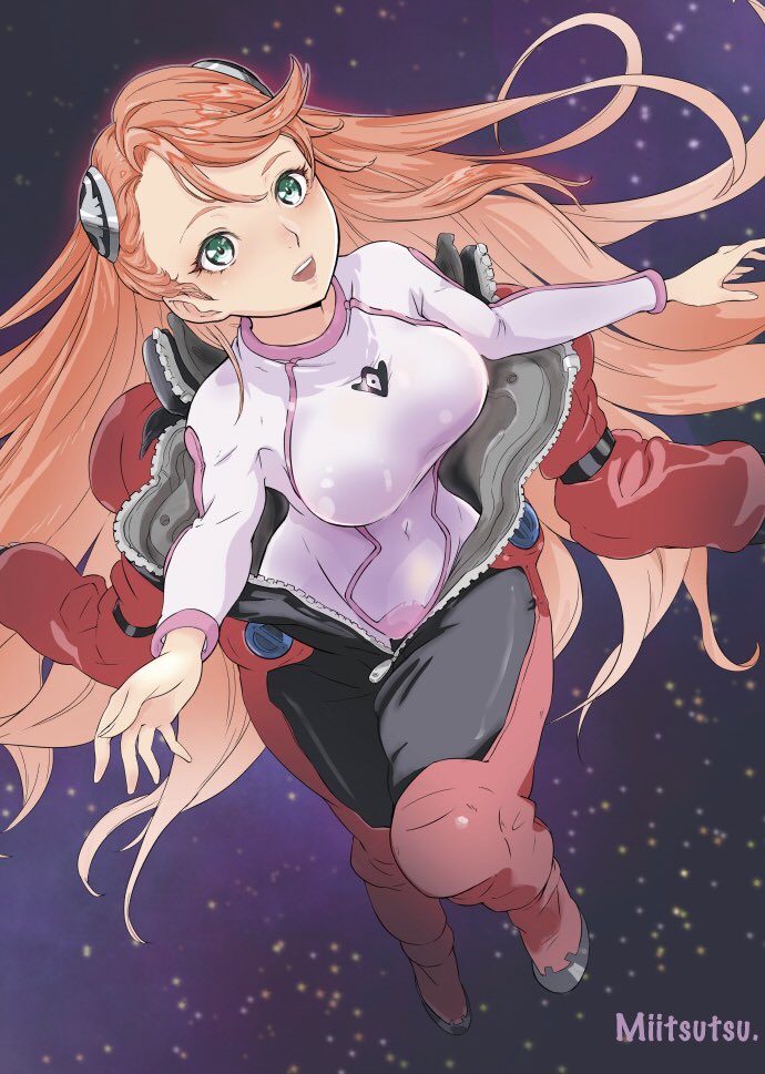 1girl :d aida_rayhunton artist_name bodysuit breasts covered_navel double_vertical_stripe floating green_eyes gundam gundam_g_no_reconguista hair_ornament hair_up hairpods large_breasts long_hair mitsutsu322 mobile_suit open_mouth pilot_suit pink_bodysuit pink_hair procreate_(medium) science_fiction smile solo teeth unzipped upper_teeth_only very_long_hair