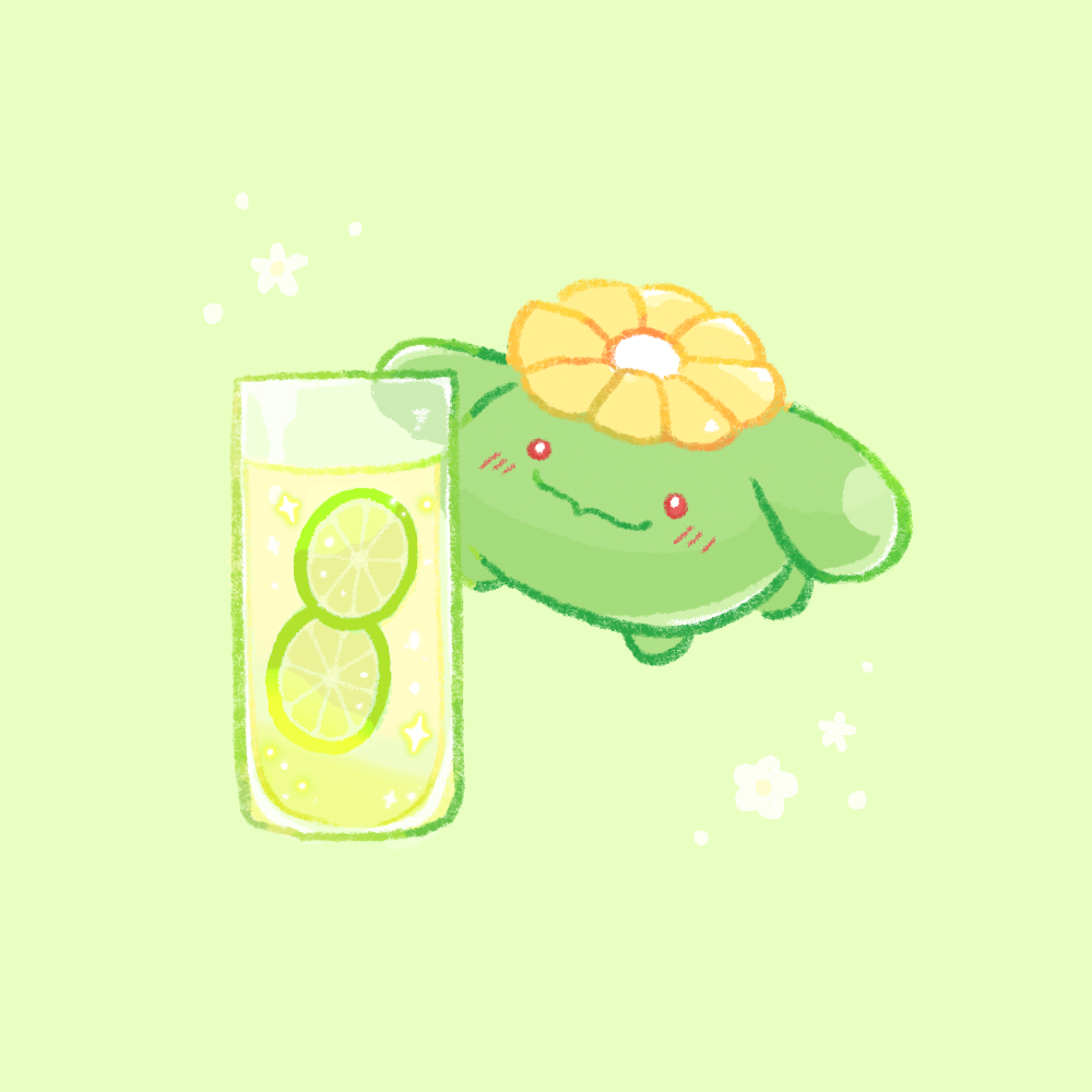 animal_focus blush closed_mouth commentary cup drink drinking_glass flower food food_focus fruit green_background green_theme kinakomochi_(monsteromochi) light_blush lime_(fruit) lime_slice no_humans pokemon pokemon_(creature) red_eyes simple_background skiploom solo sparkle white_flower yellow_flower