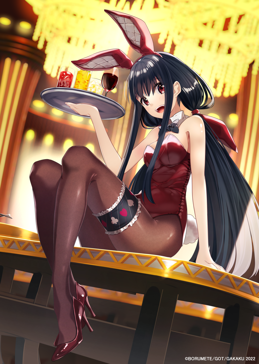 1girl animal_ears black_hair blurry blurry_background blush borumete bow bowtie breasts brown_pantyhose chandelier copyright cup detached_collar drinking_glass fake_animal_ears fake_tail hairband high_heels highres holding holding_weapon indoors long_hair looking_at_viewer open_mouth original pantyhose playboy_bunny rabbit_ears red_eyes red_footwear sitting small_breasts smile solo tail teeth thigh_strap upper_teeth_only very_long_hair weapon wine_glass