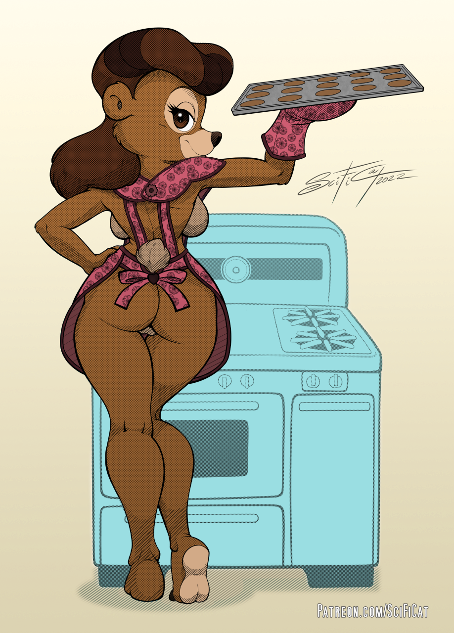 anthro apron back_boob barely_visible_genitalia barely_visible_pussy bear breasts brown_body brown_eyes brown_fur brown_hair butt clothing color_edit colored disney female fur genitals hair handwear hi_res looking_at_viewer looking_back looking_back_at_viewer mammal oven_mitts pussy rebecca_cunningham scificat solo talespin tan_body tan_fur text third-party_edit url