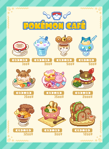 burger cake chansui_(ginping0602) character_request coffee_cup cup diglett disposable_cup eevee food food_focus no_humans parfait pickle pixel_art pokemon pokemon_cafe_mix sandwich snorlax sylveon teddiursa vulpix