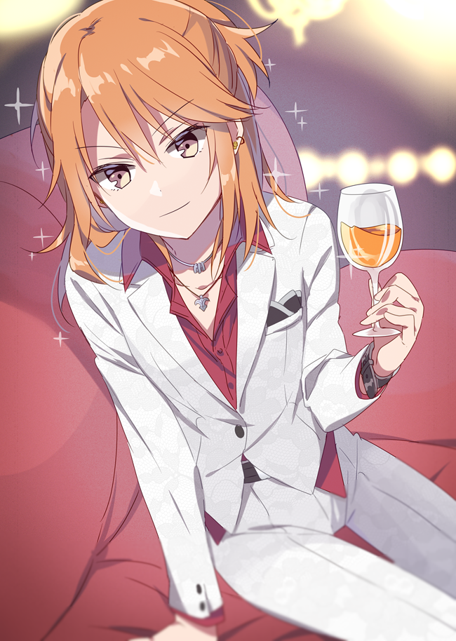 1girl arm_support blazer breast_pocket brown_eyes brown_hair couch cup drinking_glass earrings formal idolmaster idolmaster_cinderella_girls jacket jewelry lens_flare looking_at_viewer necklace pendant pocket riku_(melty_drop) sitting smile solo sparkle suit watch white_suit wine_glass wristwatch yuuki_haru