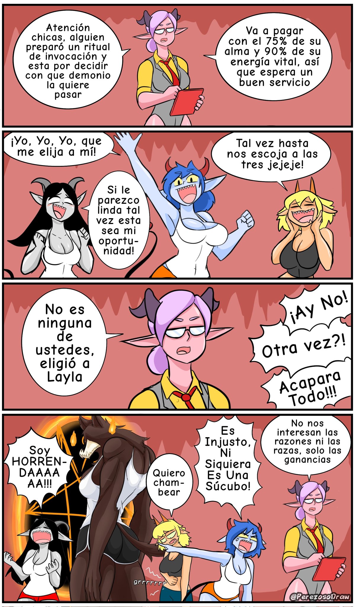 4koma anthro big_breasts black_hair blonde_hair blue_hair breasts canid canid_demon cleavage clipboard clothed clothing comic curved_horn demon demon_humanoid dialogue disappointed excited eyewear female glasses grey_horn group hair happy hell hellhound hi_res holding_clipboard holding_object horn humanoid humanoid_pointy_ears jealous larger_female mammal muscular muscular_female necktie open_mouth pentagram perezoso_draw portal purple_hair red_horn sad sharp_teeth shirt size_difference smile spade_tail spanish_text succubus tail teeth text topwear translated white_clothing white_shirt white_topwear yellow_clothing yellow_sclera yellow_shirt yellow_topwear