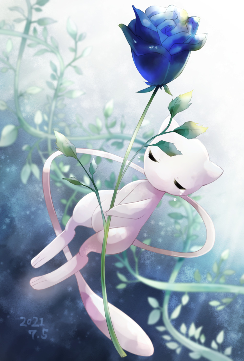 asakirirokuyu bloom blue_flower blue_rose blurry blurry_background closed_eyes commentary_request crying dated floating_hair flower full_body highres holding holding_flower leaf light_rays mew_(pokemon) no_humans outdoors plant pokemon pokemon_(creature) rose solo sunlight tears vines