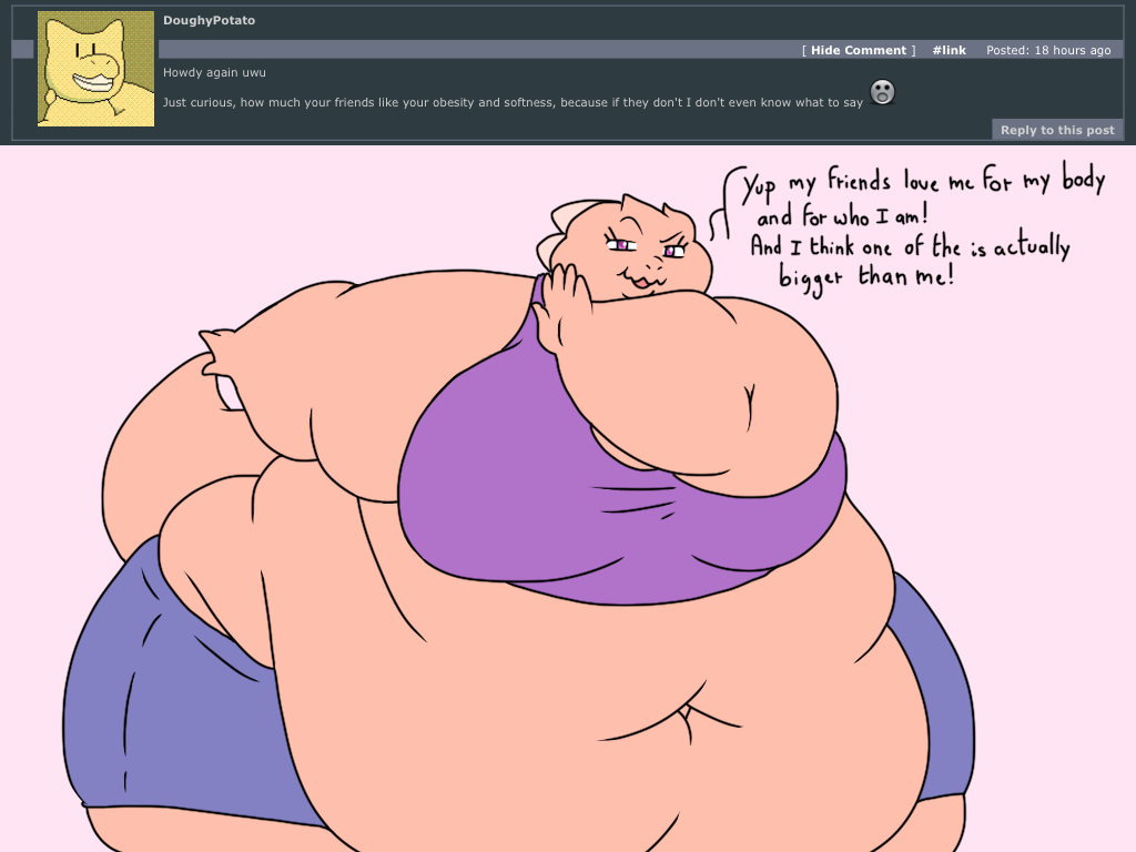 2018 5_fingers anthro ask_blog batspid2 belly big_belly big_breasts bottomwear breasts clothing crop_top cutoffs denim denim_clothing dialogue digital_drawing_(artwork) digital_media_(artwork) english_text exclamation eyebrows eyelashes female fingers flabby_arms flat_colors frill_(anatomy) head_crest head_frill juna_(batspid2) lizard membrane_(anatomy) membranous_frill morbidly_obese morbidly_obese_anthro morbidly_obese_female navel obese obese_anthro obese_female overweight overweight_anthro overweight_female pink_background pink_body pink_skin purple_eyes raised_eyebrow reptile scalie shirt shorts simple_background solo tail text topwear wide_hips