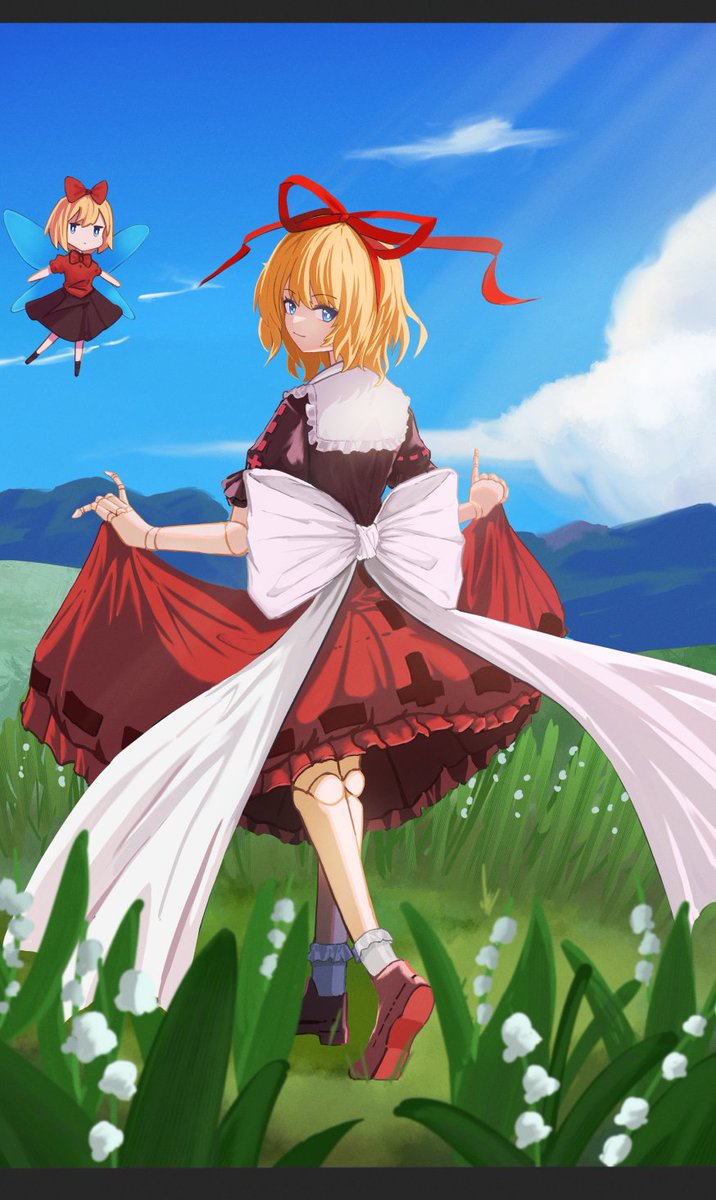 2girls black_shirt blonde_hair blue_eyes blue_sky bow closed_mouth clothes_lift cloud commentary doll_joints flower grass hair_bow hair_ribbon highres joints letterboxed lifted_by_self lily_of_the_valley looking_at_viewer looking_back medicine_melancholy mountainous_horizon multiple_girls nienenenen outdoors red_bow red_footwear red_ribbon red_skirt ribbon shirt short_hair short_sleeves skirt skirt_lift sky socks su-san touhou white_socks wings
