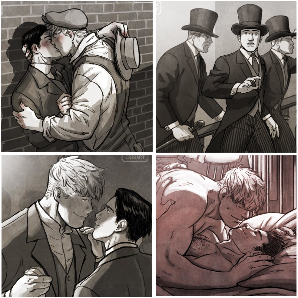 5boys alternate_universe bara black_hair blonde_hair blush cane chest_hair closed_eyes collage couple cris_art eye_contact fanfic greyscale hat head_on_another's_shoulder holding holding_cane holding_clothes holding_hands holding_hat hulkling husband_and_husband imminent_kiss kiss looking_at_another lying male_focus marvel monochrome multiple_boys muscular muscular_male nude on_back on_bed on_person pectorals second-party_source short_hair sideburns sideburns_stubble smile spot_color suit thick_eyebrows top_hat upper_body wiccan yaoi