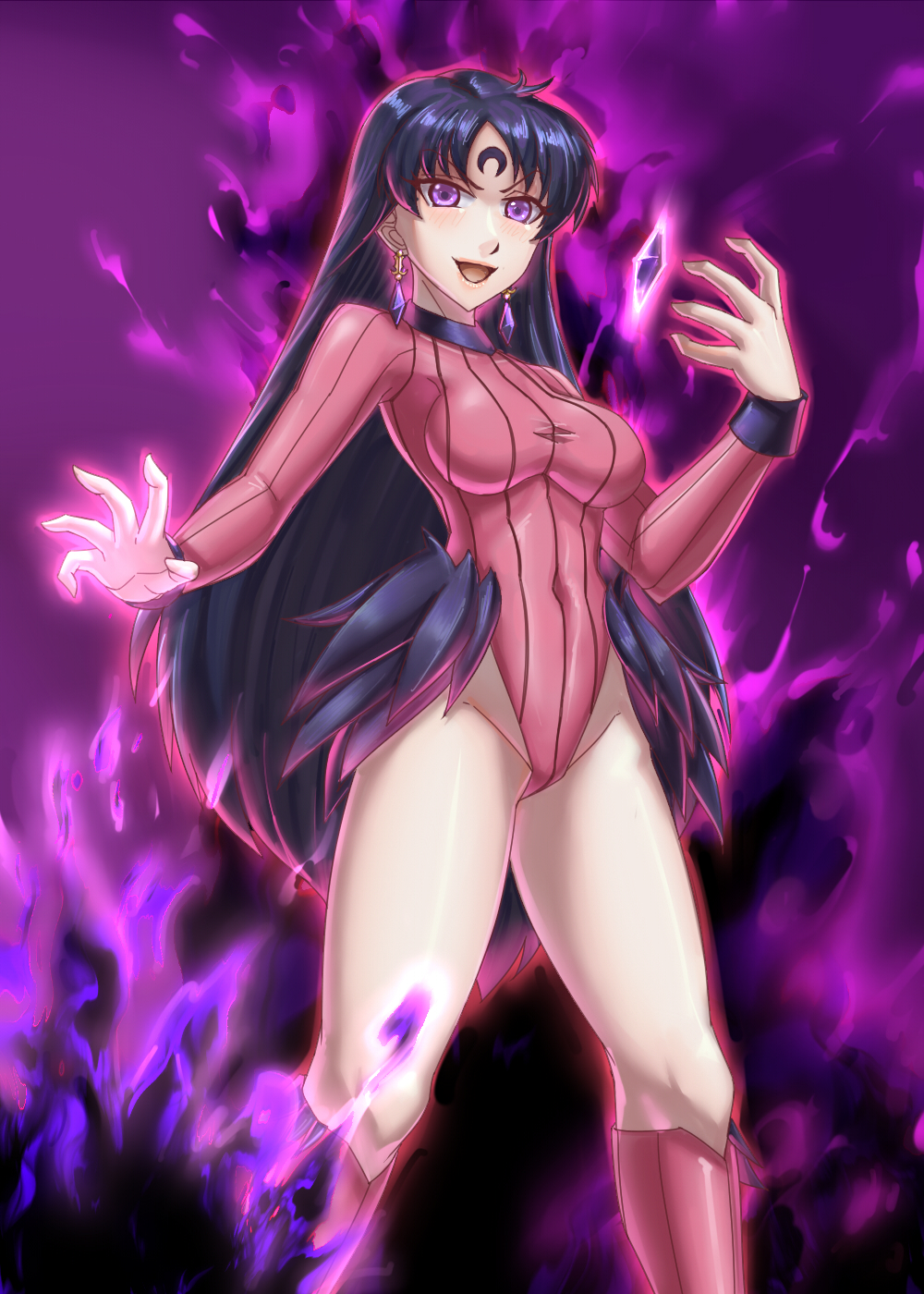 1girl bishoujo_senshi_sailor_moon black_hair black_moon_clan boots breasts corruption covered_navel crescent crescent_facial_mark crystal dark_persona earrings facial_mark feather_trim forehead highleg highleg_leotard highres hino_rei jewelry leebigtree leotard lips long_hair long_sleeves looking_at_viewer medium_breasts mind_control purple_eyes ribbed_leotard sailor_mars solo swept_bangs thigh_boots
