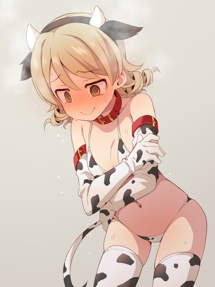 1girl @_@ animal_collar animal_ears animal_print bare_shoulders belt_collar bikini blush breasts brown_eyes cleavage collar cow_ears cow_horns cow_print cow_tail drill_hair ear_blush elbow_gloves embarrassed fake_animal_ears fake_horns full-face_blush gloves grey_background hair_between_eyes head_steam horns idolmaster idolmaster_cinderella_girls light_brown_hair morikubo_nono navel red_collar ringlets simple_background skindentation small_breasts solo steam string_bikini sweat swimsuit tail uccow wavy_mouth