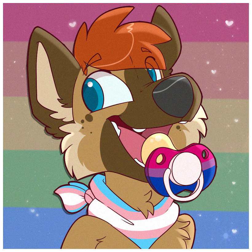 1:1 anthro bisexual_pride_colors blue_eyes brown_body brown_fur bust_portrait canid cheek_tuft facial_tuft fur glistening glistening_eyes hair heyitsjaq lgbt_pride looking_aside male mammal neckerchief open_mouth open_smile orange_hair pacifier portrait pride_colors rainbow_pride_colors smile solo transgender_pride_colors tuft young