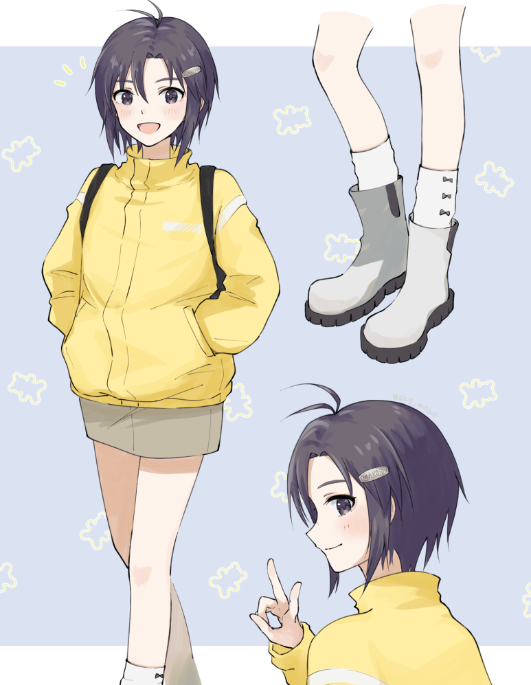 1girl :d antenna_hair backpack bag black_bag black_hair boots border brown_skirt commentary hair_ornament hairclip hands_in_pockets idolmaster idolmaster_(classic) jacket kikuchi_makoto letterboxed long_sleeves looking_back mogskg multiple_views notice_lines ok_sign open_mouth outside_border short_hair skirt smile socks symbol-only_commentary walking white_border white_footwear white_socks yellow_jacket