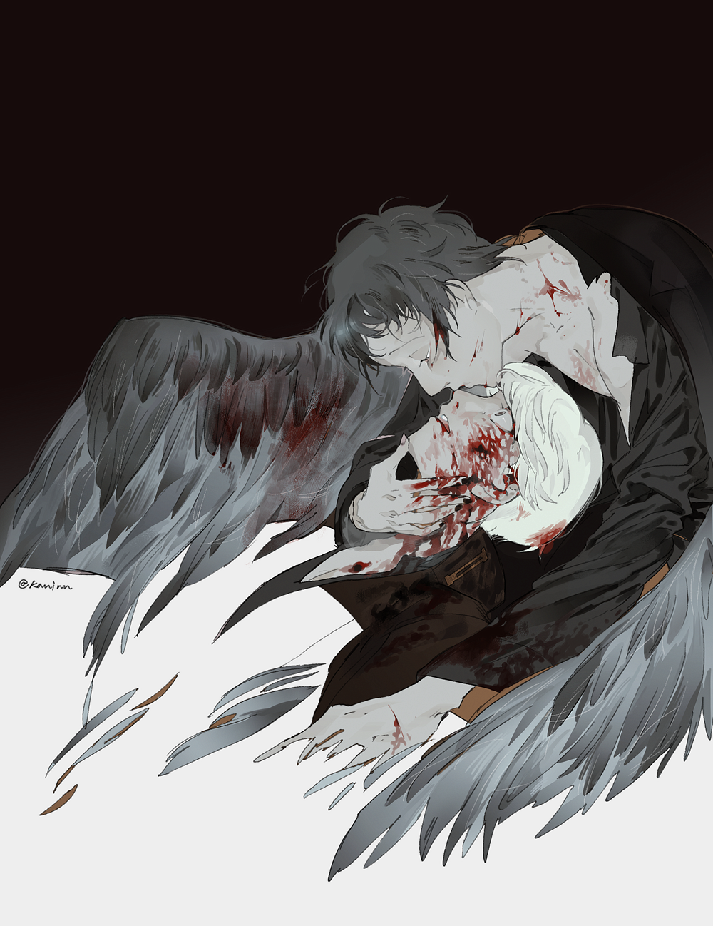 2boys adachi_tooru bite_mark black_hair black_jacket black_nails blood blood_on_face blood_on_hands bloody_wings collared_shirt commentary cropped_torso english_commentary face-to-face feathered_wings grey_eyes grey_wings hand_on_another's_chin highres jacket kaninn kiss long_sleeves looking_at_another looking_down looking_up male_focus multiple_boys narukami_yuu open_mouth persona persona_4 profile scared scratches shirt short_hair twitter_username white_hair wide-eyed wings yaoi