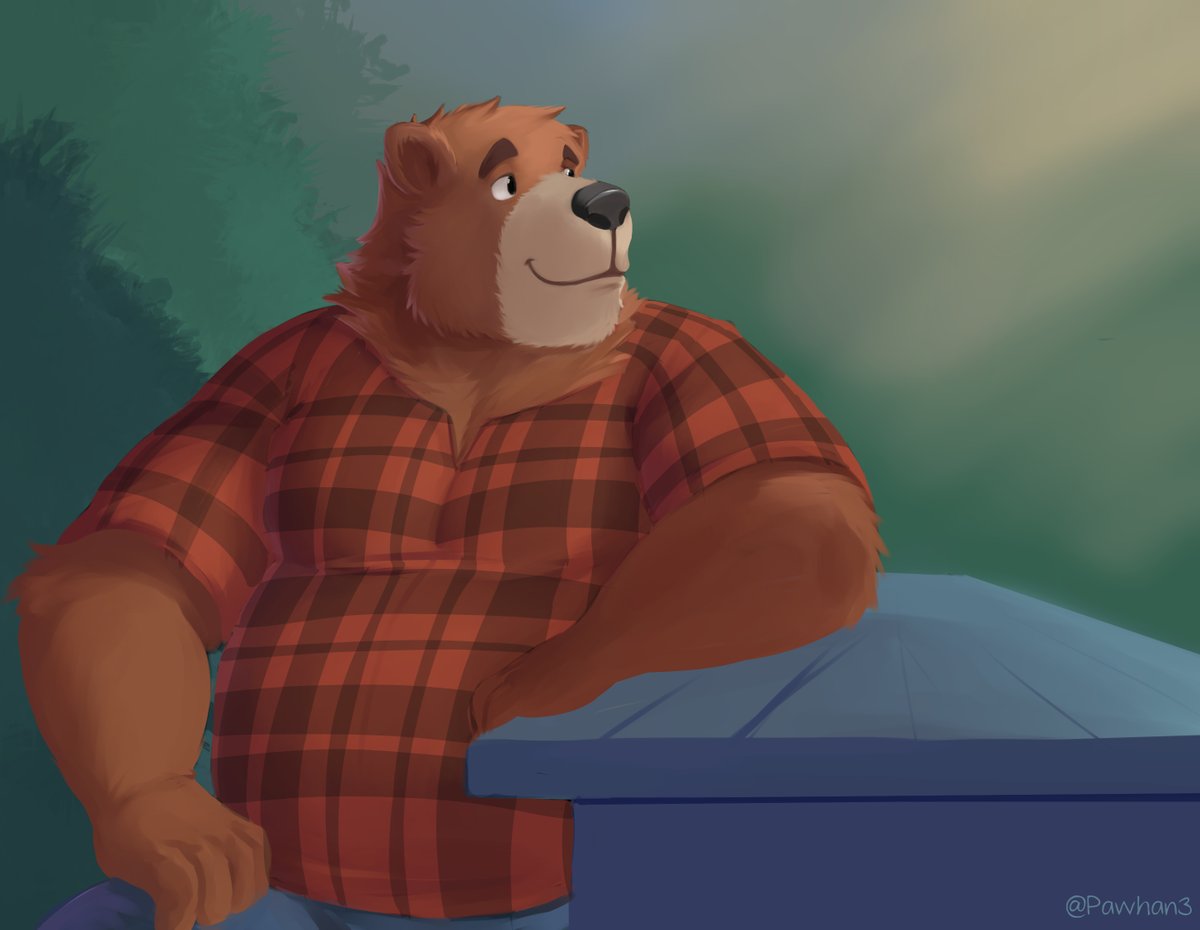 2023 anthro bear belly big_belly black_nose bottomwear brown_bear brown_body brown_fur clothing dean_(password) fur humanoid_hands male mammal overweight overweight_male pants password_(visual_novel) pawhan3 shirt sitting solo topwear ursine