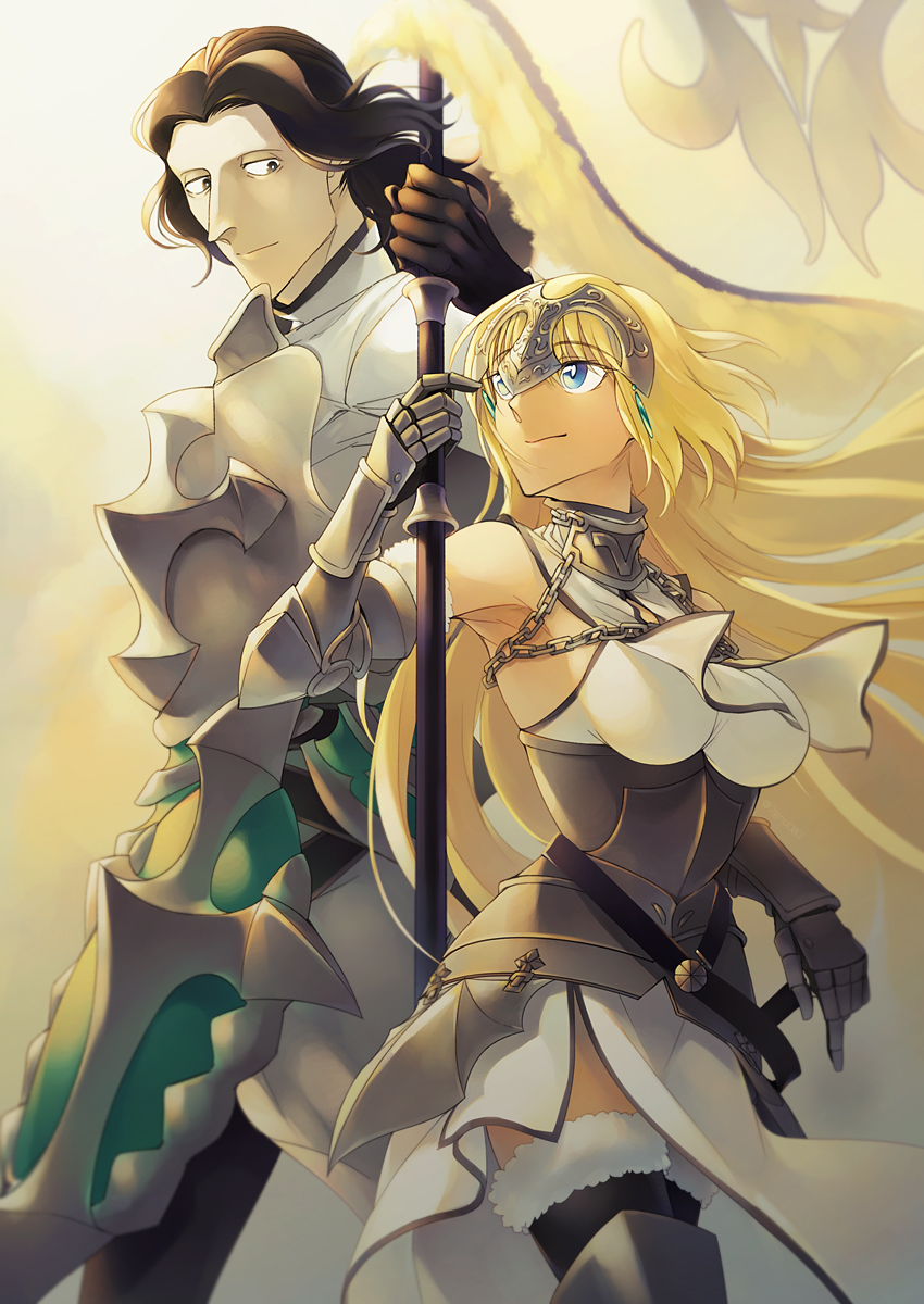 1boy 1girl 2gno082 armor armored_dress banner battle_standard black_hair blonde_hair blue_eyes braid breasts fate/grand_order fate_(series) feet_out_of_frame gauntlets gilles_de_rais_(saber)_(fate) glowing hair_between_eyes headpiece highres jeanne_d'arc_(fate) jeanne_d'arc_(ruler)_(fate) jeanne_d'arc_(third_ascension)_(fate) large_breasts long_hair noble_phantasm_(fate) short_hair single_braid smile very_long_hair war_banner