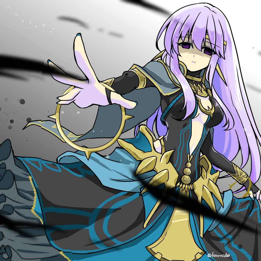 1girl alternate_costume breasts circlet cleavage corruption dark_persona dress empty_eyes expressionless fire_emblem fire_emblem:_genealogy_of_the_holy_war julia_(fire_emblem) lipstick long_hair makeup mind_control purple_eyes purple_hair purple_lips simple_background solo yukia_(firstaid0)