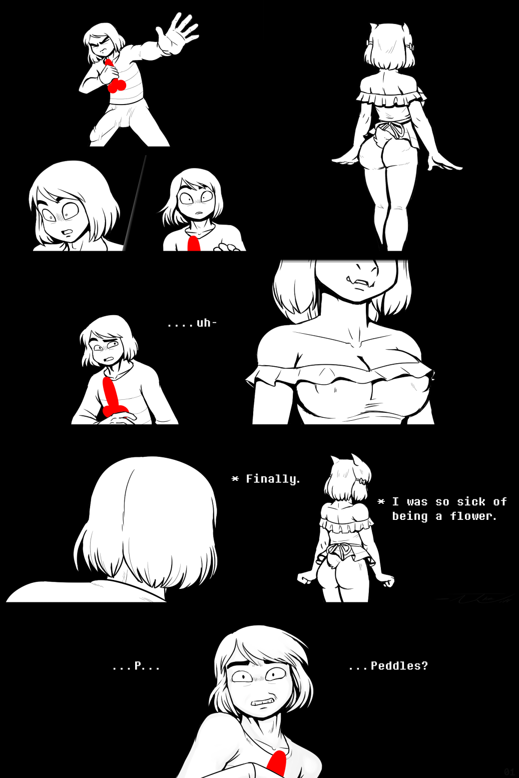 alternate_universe anthro asriel_dreemurr boss_monster bottomless bovid bow_accessory breasts bulge butt caprine clothed clothing comic crossgender duo eyes_closed female frisk_(undertale) frisky_(under(her)tail) goat hi_res human looking_away male mammal monster obscured_face partially_clothed phallic text thewill under(her)tail undertale undertale_(series)