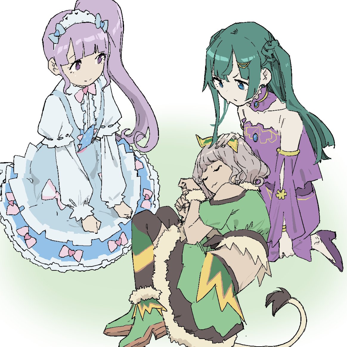 3girls :3 black_thighhighs blue_bow blue_dress blue_eyes blunt_bangs boots bow center_frills closed_mouth clothing_cutout commentary_request crop_top curled_up detached_collar detached_sleeves dress frilled_dress frilled_hairband frills full_body fur-trimmed_skirt fur_trim green_footwear green_hair green_skirt hair_bow hairband hand_on_another's_head hands_on_own_knees kemura_(puripurinea) lap_pillow layered_sleeves light_purple_hair lion_tail lolita_hairband long_hair long_sleeves looking_at_another looking_down lying lying_on_lap manaka_non multicolored_clothes multicolored_dress multiple_girls on_side pink_bow pretty_(series) pripara purple_dress purple_eyes purple_hair purple_sleeves short_hair shoulder_cutout side_ponytail sitting skirt sleeping smile sweatdrop tail taiyou_pepper thighhighs tsukikawa_chiri very_long_hair white_background