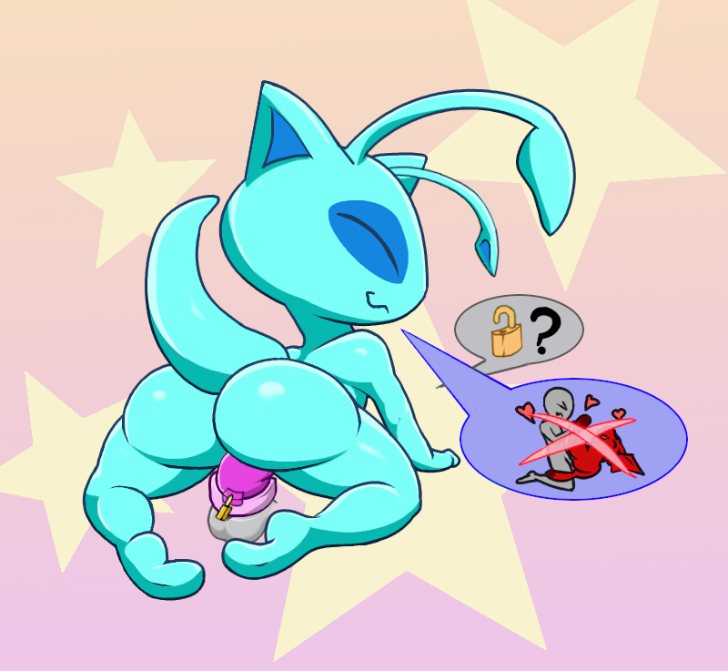 &lt;3 adeviantcritter aisha_(neopets) ambiguous_gender antennae_(anatomy) anthro balls chastity_device genitals jumpstart_games lock lock_symbol male male/ambiguous neopet_(species) neopets red_body rubbing_penis solo tail teal_body