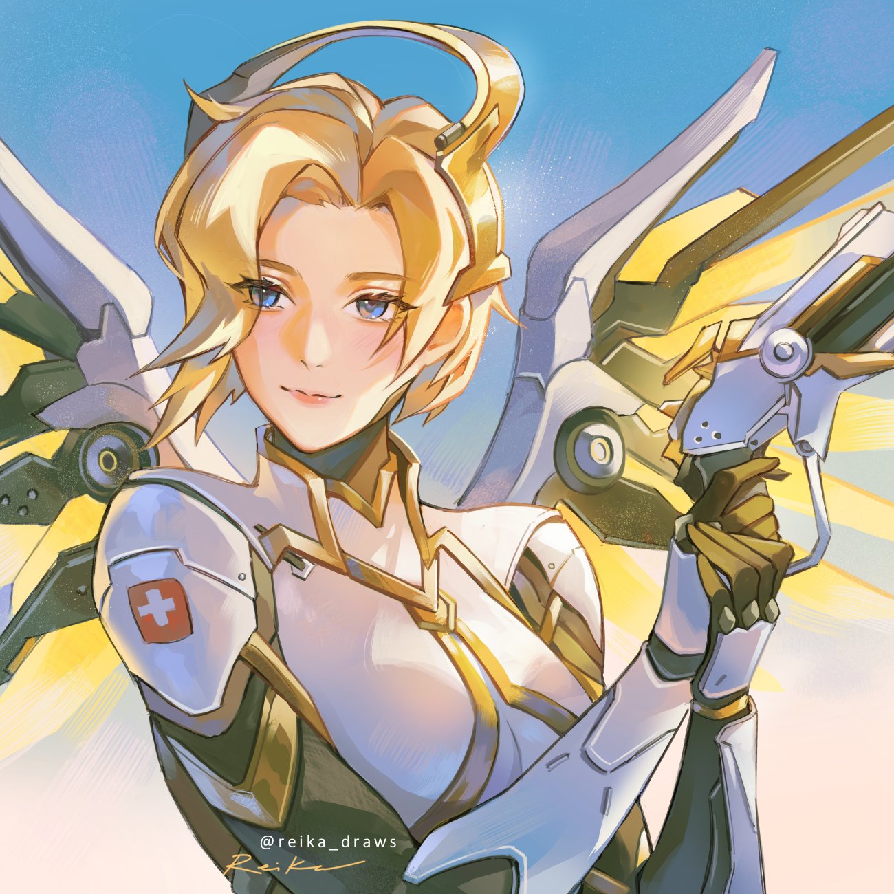 1girl armor artist_name blonde_hair blue_eyes gun headpiece highres holding holding_gun holding_weapon mercy_(overwatch) metallic_wings overwatch overwatch_2 shiro-hane signature weapon white_armor wings