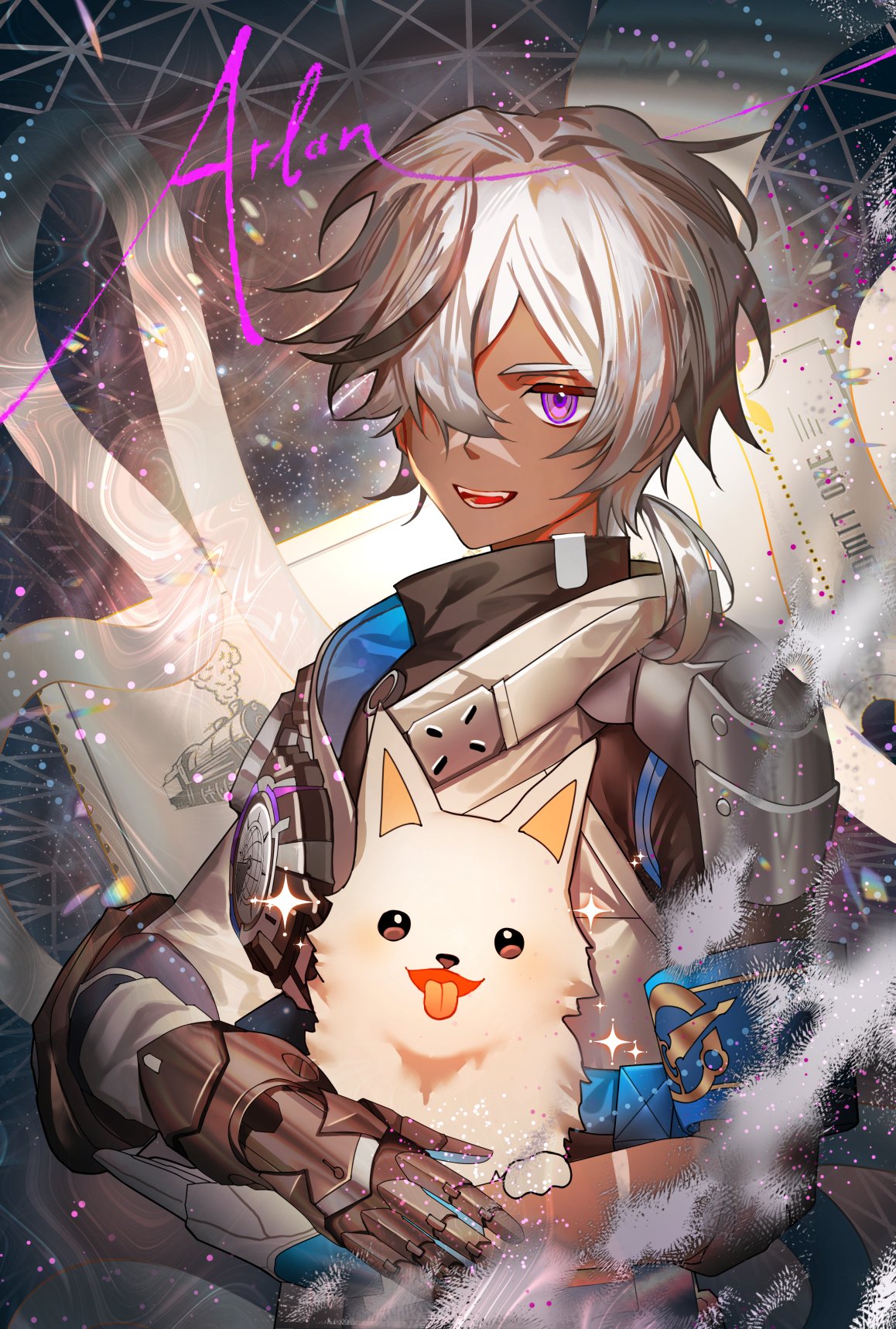 1boy arlan_(honkai:_star_rail) bishounen character_name cowboy_shot dark-skinned_male dark_skin dog gauntlets gloves highres honkai:_star_rail honkai_(series) insomnia_elliot male_focus purple_eyes scar scar_on_face short_hair smile solo ticket white_hair