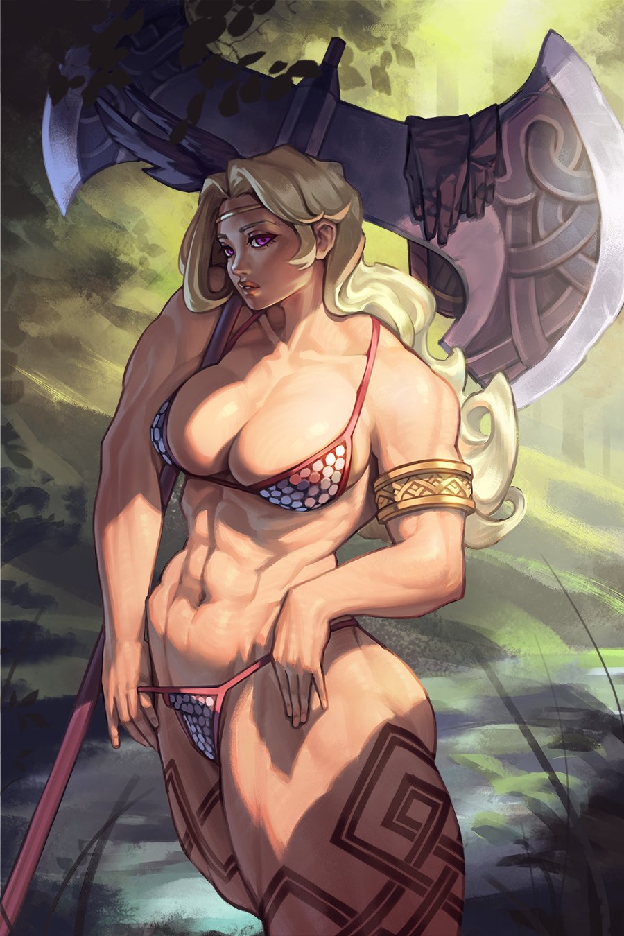 1girl abs adjusting_clothes amazon_(dragon's_crown) armlet armor axe bikini_armor blonde_hair breasts circlet dragon's_crown halberd highres looking_at_viewer muscular muscular_female parted_lips polearm purple_eyes rim_jims solo tattoo thick_thighs thighs wavy_hair weapon