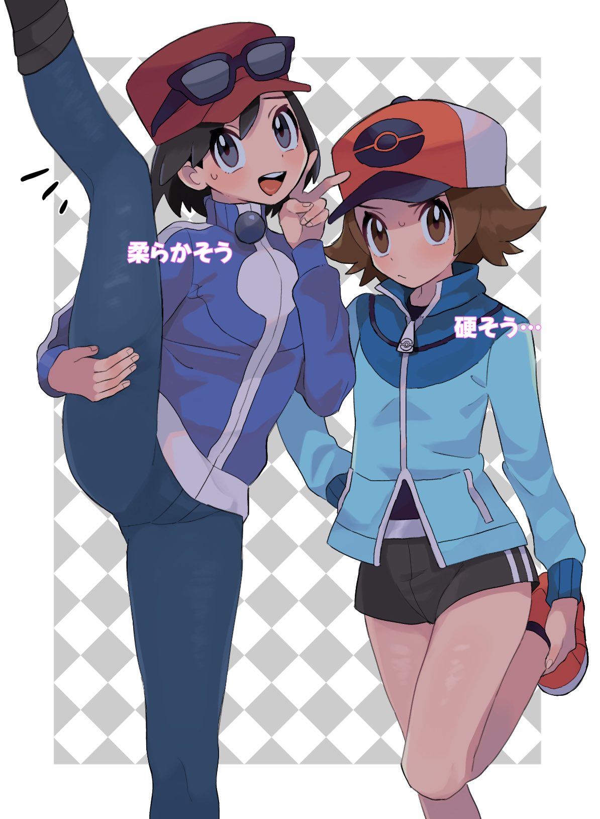 2boys argyle argyle_background black-framed_eyewear blue_jacket boots border brown_eyes brown_hair calem_(pokemon) closed_mouth commentary_request hand_on_own_hip hand_up hat highres hilbert_(pokemon) jacket leg_hold leg_up long_sleeves male_focus multiple_boys notice_lines outside_border pants pokemon pokemon_(game) pokemon_bw pokemon_xy red_headwear sana_(37pisana) shoes short_hair split standing standing_on_one_leg standing_split sunglasses sweatdrop v white_border zipper_pull_tab