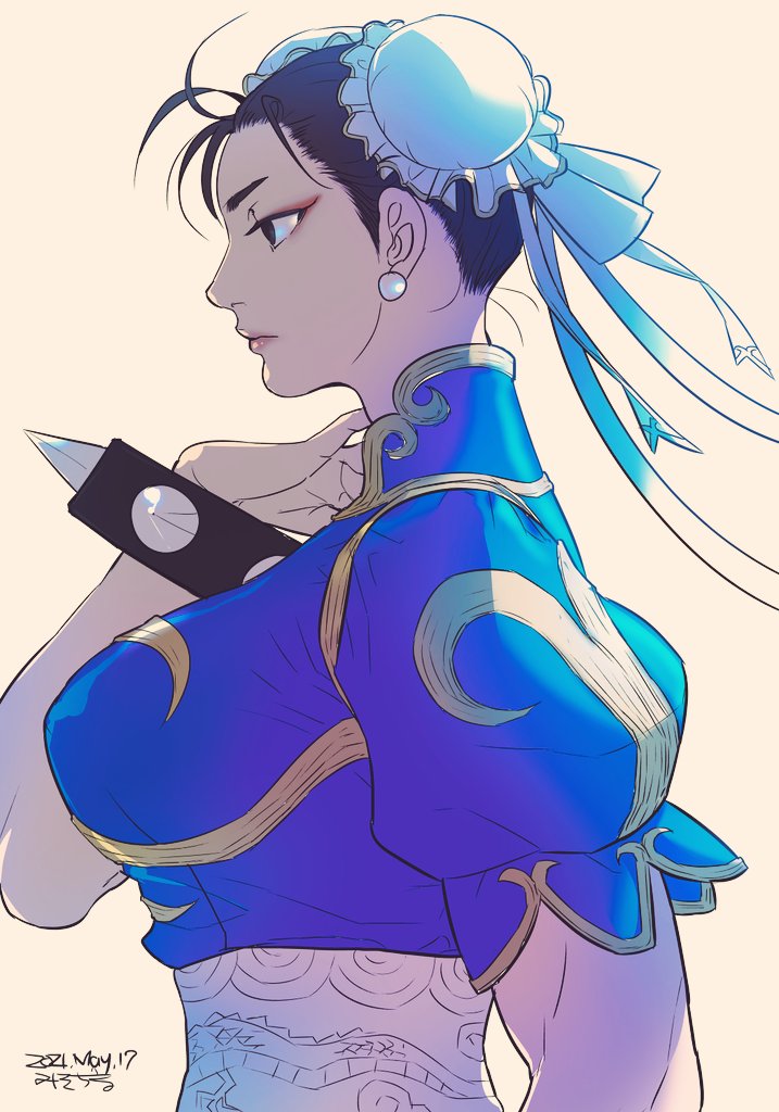 bracelet capcom chinese_clothes chun-li double_bun eyeshadow hair_bun hair_ribbon high_collar jewelry makeup profile red_eyeshadow ribbon spiked_bracelet spikes street_fighter