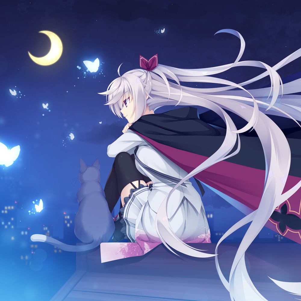 1boy 1girl ahoge akizuki_kanna album_cover animal_print black_cape black_thighhighs blue_butterfly bug butterfly butterfly_print cafe_stella_to_shinigami_no_chou cape cityscape closed_mouth commentary_request cover crescent_moon eyelashes eyes_visible_through_hair floating_cape floating_hair frilled_sleeves frills from_behind garter_straps grey_cat hair_between_eyes hair_ribbon jacket knees_up kobuichi long_hair long_sleeves looking_down mikado_(cafe_stella) miniskirt moon night nose official_art one_side_up outdoors pleated_skirt profile purple_eyes red_ribbon ribbon second-party_source sitting skirt smile thighhighs very_long_hair white_hair white_jacket zettai_ryouiki