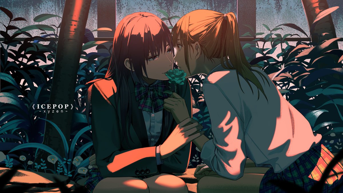 2girls blue_bow blue_bowtie blue_flower blue_rose bow bowtie brown_hair english_text flower holding_another's_wrist imminent_kiss jacket multiple_girls no_jacket original plant pleated_skirt ponytail red_hair rose school_uniform skirt tree twitter_username yuri zxlai